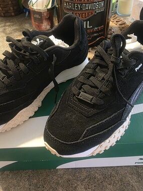 8Puma Black Suede Rider Sneakers with Cream Studded Sole
